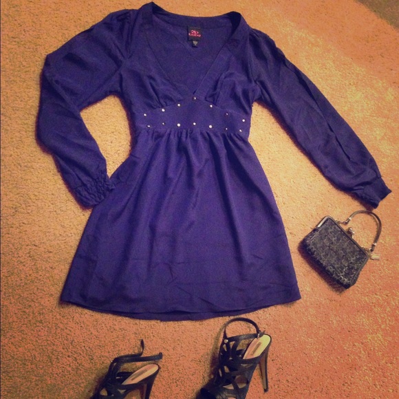 Long Sleeve Blue Dress w/Slit Sleeves by 2B Bebe