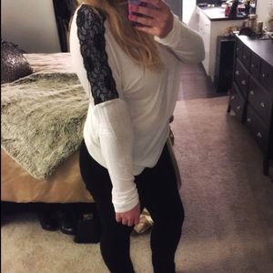 White Long Sleeve Top with Black Lace on the Arms