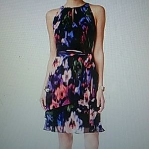 NEW Tahari ASL Floral Print Keyhole A-line Dress