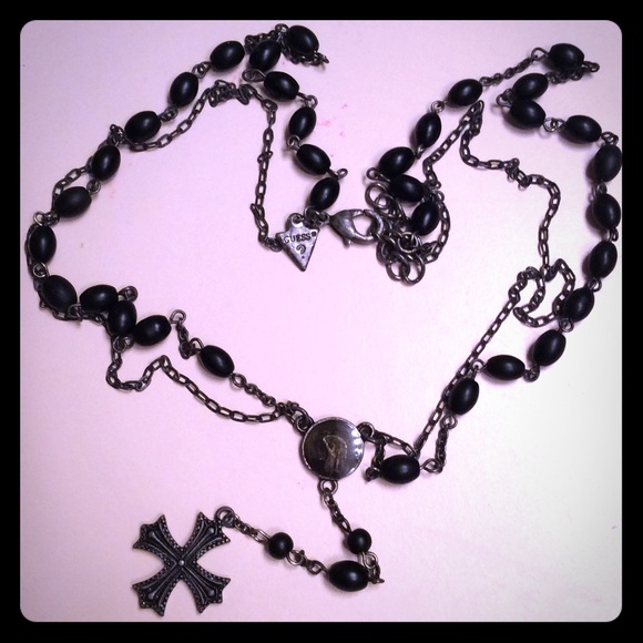 Guess Brand Cross Rosary Necklace