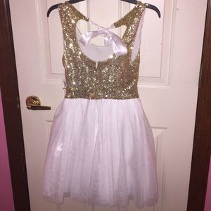 macy's white and gold prom dress