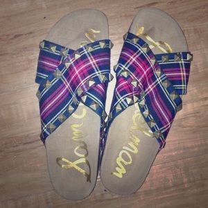 SAM EDELMAN plaid studded sandals