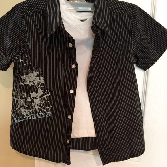 Boys Black Striped Button up with Skull NWOT