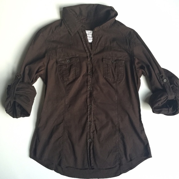 Old Navy Brown Cotton Button Down w/ Roll Up Sleev