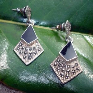 Vintage Sterling silver gold black stone - pierced