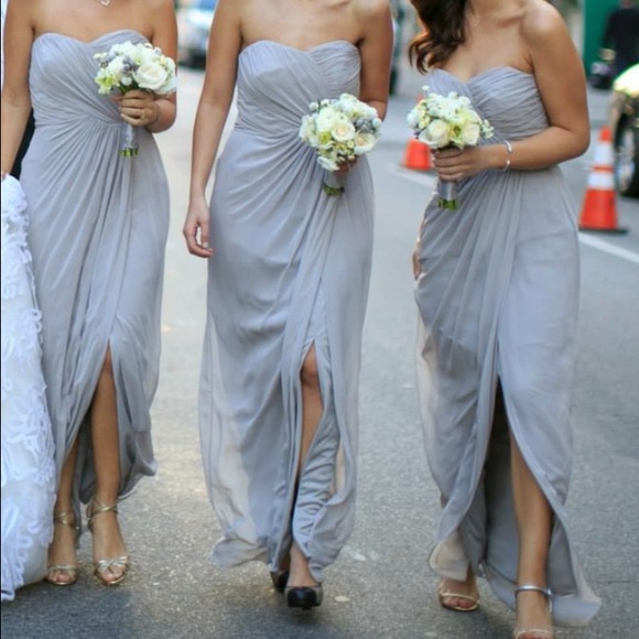 Gray, strapless maxi bridesmaid dress from Dessy