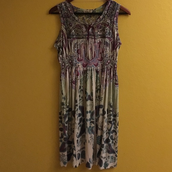 Green and purple printed knee length dress