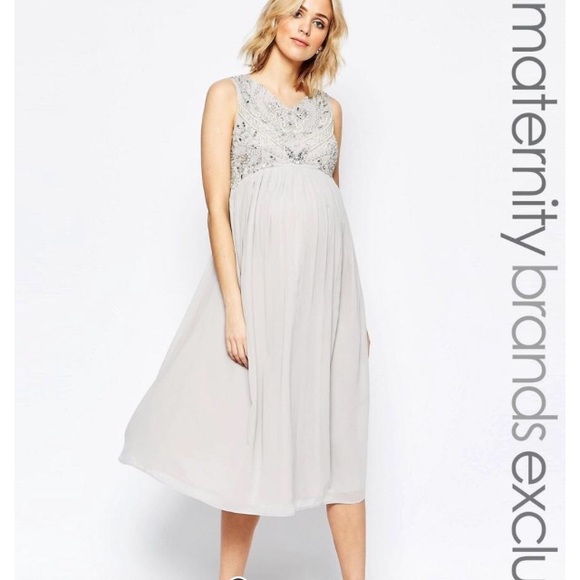 Maya Maternity Midi Dress, light grey, sz 10 US