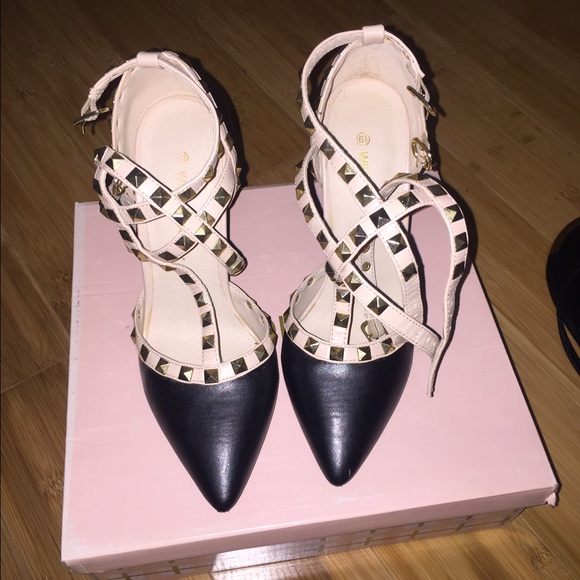 Studded faux leather ankle strap pump