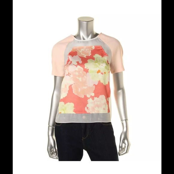 NWT ARYN K. short sleeve pink yellow blouse top XS