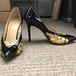 Christian Louboutin Black Patent Gold Heels Pumps