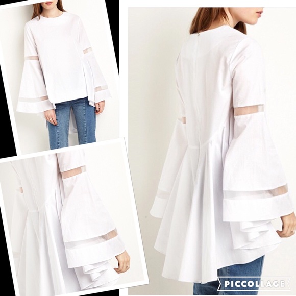 1 Left! White Blouse w/Partial Sheer Sleeves - Picture 2 of 3