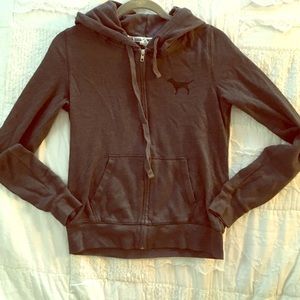 Dark grey, light hooded jacket!