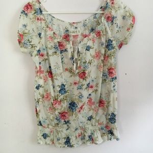 White, floral, tie up blouse.