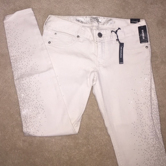 Express white sequin skinny jeans