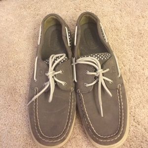 grey and white polkadot sperrys