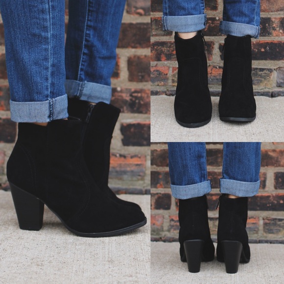 Shoes - Black suede round toe heels ankle bootie