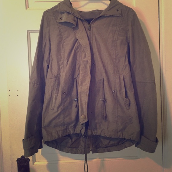 Olive green rain jacket with fur lined hood