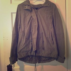 Olive green rain jacket with fur lined hood