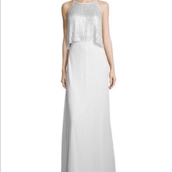 Aidan Mattox white and silver sequined long dress