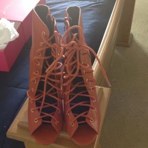 Orange lace up heeled sandals