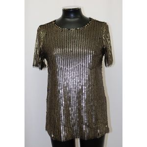 Bar III Blouse Short Sleeve Mesh Sequin Gold