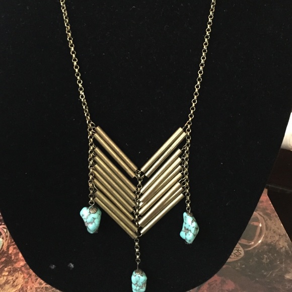 Long Brass Chunky Turquoise Necklace
