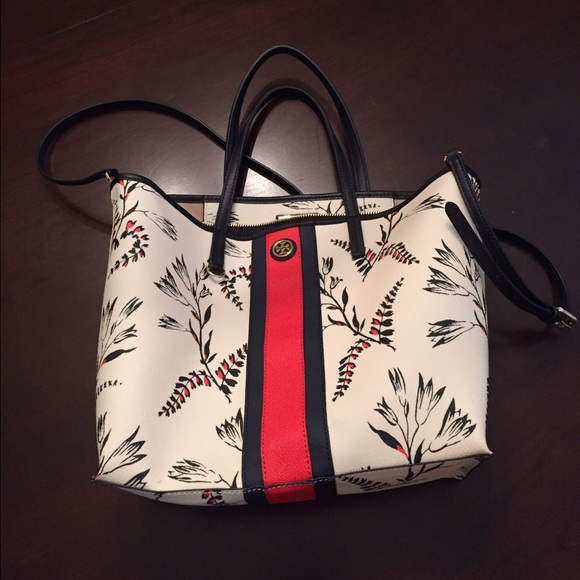 Tory Burch mini square tote in ecru/navy/red