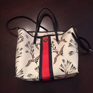 Tory Burch mini square tote in ecru/navy/red