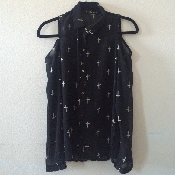 See through black cross long sleeve blouse
