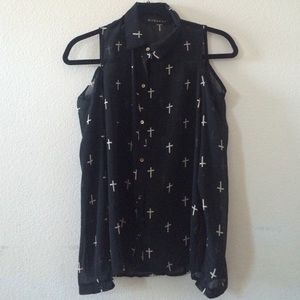 See through black cross long sleeve blouse