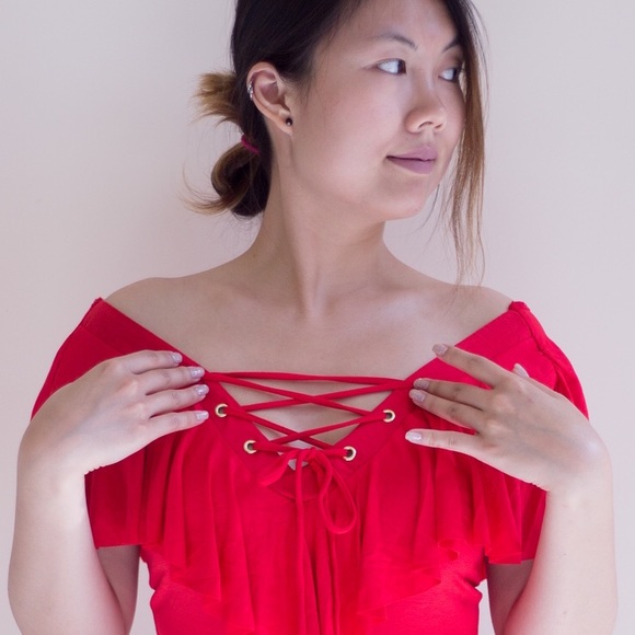 Red Ruffle Lace-up Blouse - Picture 1 of 4