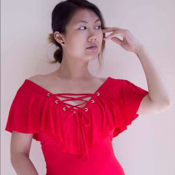 Red Ruffle Lace-up Blouse - Picture 2 of 4