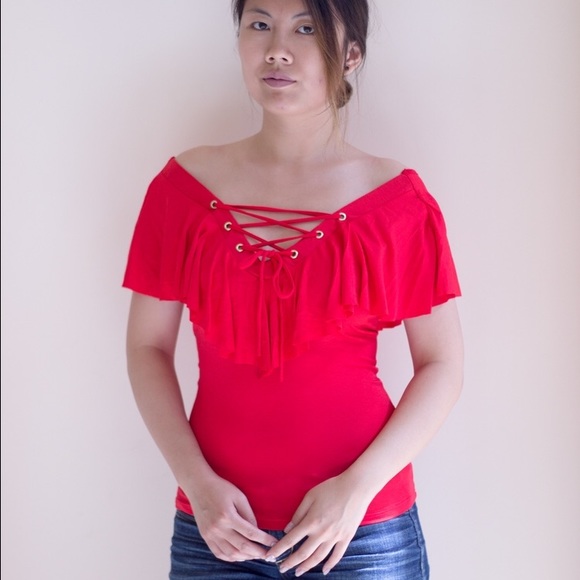 Red Ruffle Lace-up Blouse - Picture 3 of 4