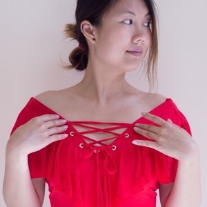 Red Ruffle Lace-up Blouse