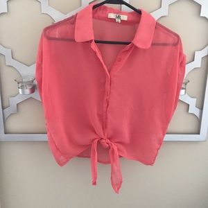 Coral tie waist cropped button down blouse