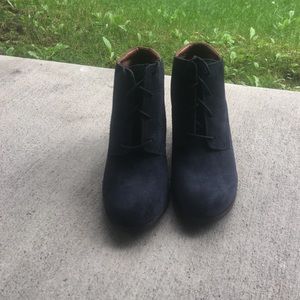 Navy blue and brown ankle wedge boots