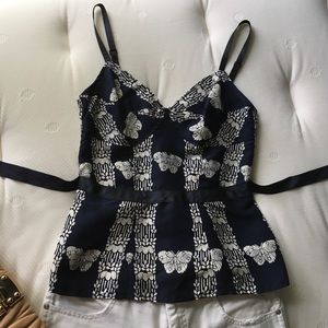 Tracy Reese navy and white butterfly silk top