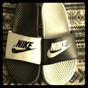 Mis-Matched Black and White Nike Slippers