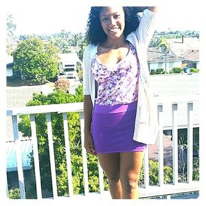 Knit cardigan, floral tank, and mini skirt bundle