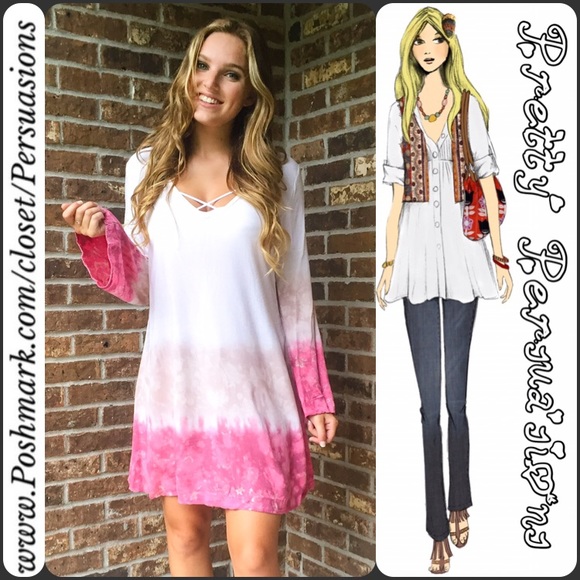 Blush White Tan Tie Dyed Long Bell Sleeve Dress - Picture 6 of 8