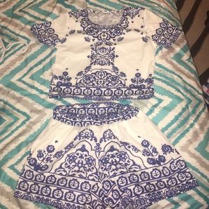 blue silk designed crop top and shorts w/ pockets