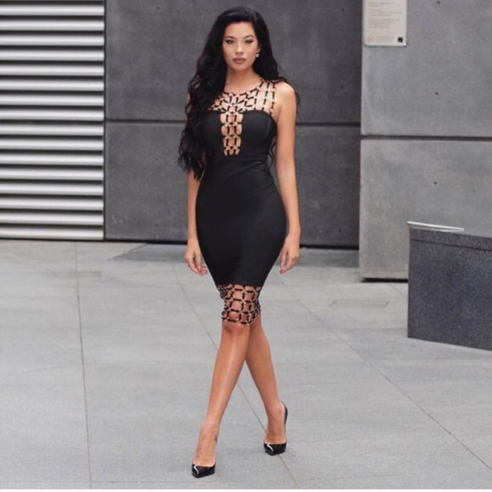 Bandaged body con chain dress