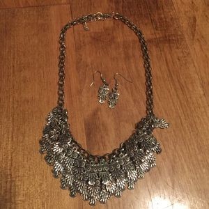 Silver owl bib necklace with earrings
