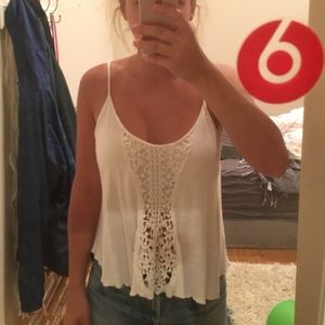 White tank top with crochet piece down the middle