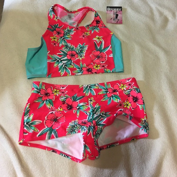 NWT girls bathing suit neon pink floral set