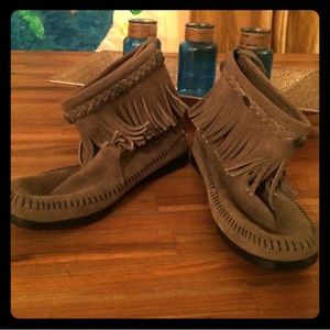 Minnetonka Grey Fringe Booties