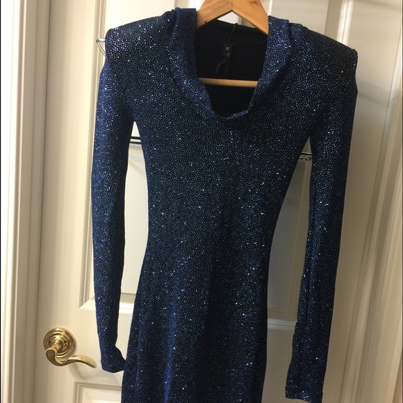 Brian Lichtenberg Blue Hooded Glitter Dress Sz: S