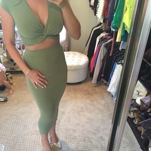 Olive green halter top midi skirt set