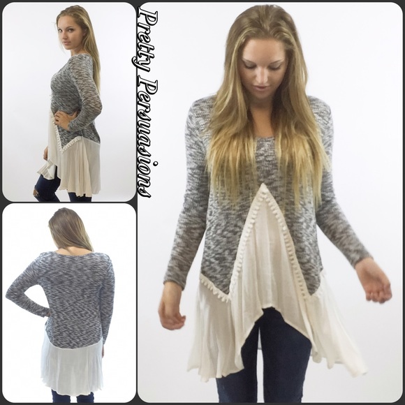SOLD OUT 🎉Black Gray Slub Knit Pom Pom Trim Top - Picture 3 of 4